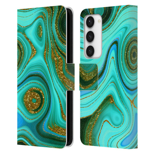 UtArt Malachite Emerald Liquid Gem Leather Book Wallet Case Cover For Samsung Galaxy S23 5G