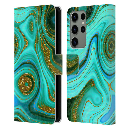 UtArt Malachite Emerald Liquid Gem Leather Book Wallet Case Cover For Samsung Galaxy S23 Ultra 5G