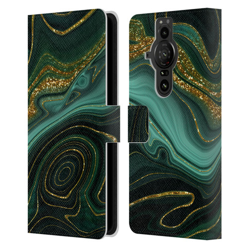 UtArt Malachite Emerald Gilded Teal Leather Book Wallet Case Cover For Sony Xperia Pro-I