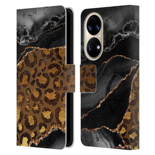 UtArt Wild Cat Marble Dark Gilded Leopard Leather Book Wallet Case Cover For Huawei P50