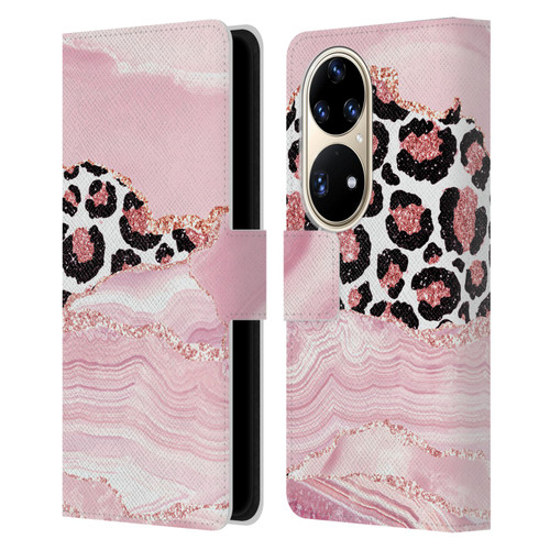 UtArt Wild Cat Marble Pink Glitter Leather Book Wallet Case Cover For Huawei P50 Pro