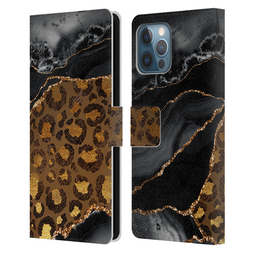 UtArt Wild Cat Marble Dark Gilded Leopard Leather Book Wallet Case Cover For Apple iPhone 12 Pro Max