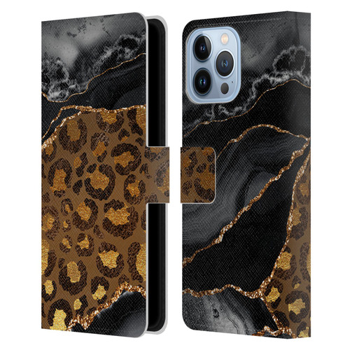 UtArt Wild Cat Marble Dark Gilded Leopard Leather Book Wallet Case Cover For Apple iPhone 13 Pro Max