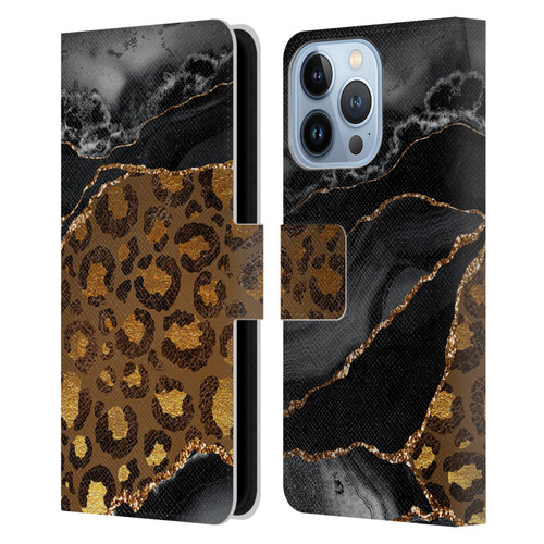 UtArt Wild Cat Marble Dark Gilded Leopard Leather Book Wallet Case Cover For Apple iPhone 13 Pro