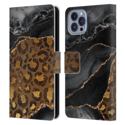 UtArt Wild Cat Marble Dark Gilded Leopard Leather Book Wallet Case Cover For Apple iPhone 14