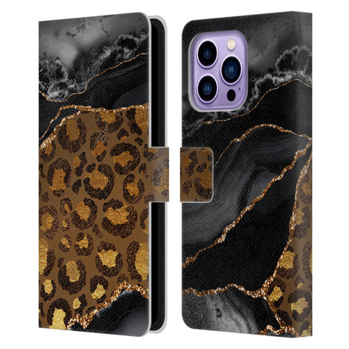 UtArt Wild Cat Marble Dark Gilded Leopard Leather Book Wallet Case Cover For Apple iPhone 14 Pro Max