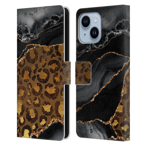 UtArt Wild Cat Marble Dark Gilded Leopard Leather Book Wallet Case Cover For Apple iPhone 14 Plus