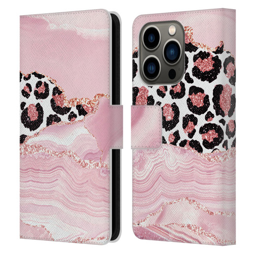 UtArt Wild Cat Marble Pink Glitter Leather Book Wallet Case Cover For Apple iPhone 14 Pro
