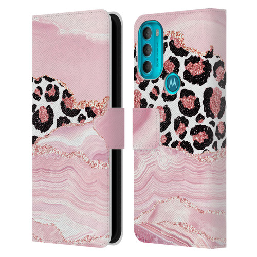UtArt Wild Cat Marble Pink Glitter Leather Book Wallet Case Cover For Motorola Moto G71 5G