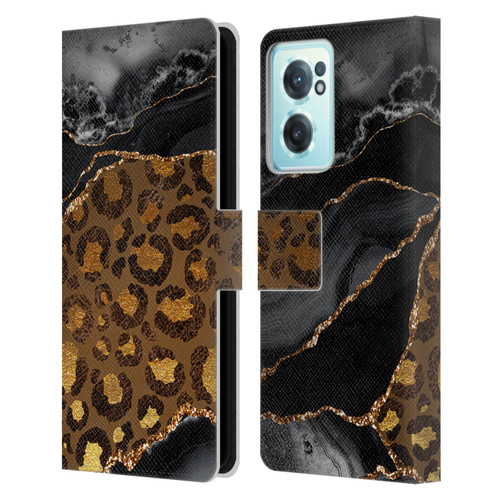 UtArt Wild Cat Marble Dark Gilded Leopard Leather Book Wallet Case Cover For OnePlus Nord CE 2 5G