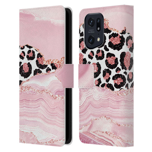 UtArt Wild Cat Marble Pink Glitter Leather Book Wallet Case Cover For OPPO Find X5 Pro