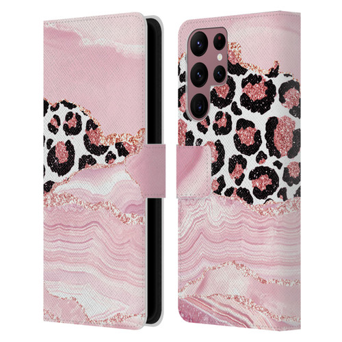 UtArt Wild Cat Marble Pink Glitter Leather Book Wallet Case Cover For Samsung Galaxy S22 Ultra 5G