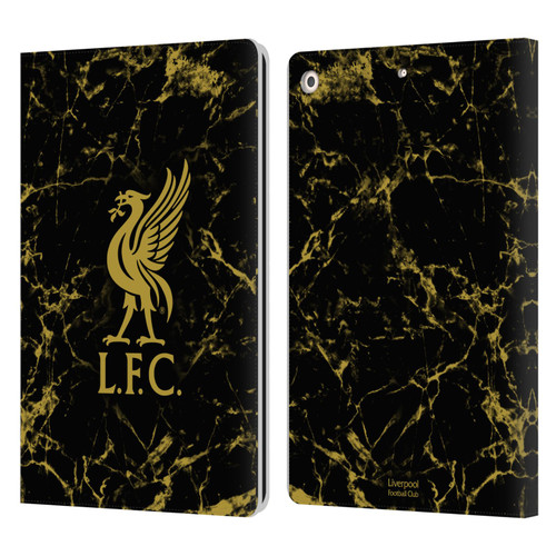 Liverpool Football Club Crest & Liverbird Patterns 1 Black & Gold Marble Leather Book Wallet Case Cover For Apple iPad 10.2 2019/2020/2021