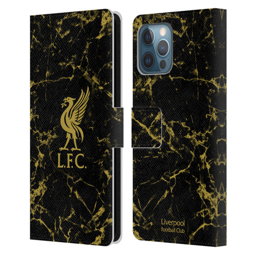 Liverpool Football Club Crest & Liverbird Patterns 1 Black & Gold Marble Leather Book Wallet Case Cover For Apple iPhone 12 Pro Max