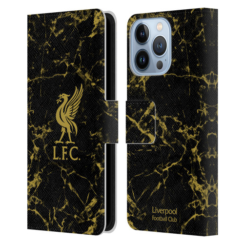 Liverpool Football Club Crest & Liverbird Patterns 1 Black & Gold Marble Leather Book Wallet Case Cover For Apple iPhone 13 Pro