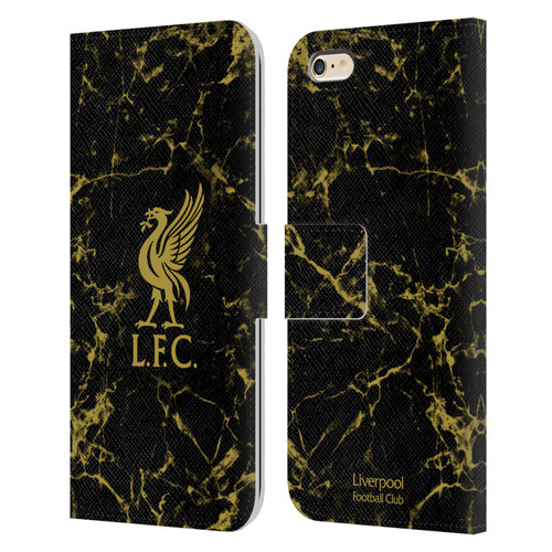 Liverpool Football Club Crest & Liverbird Patterns 1 Black & Gold Marble Leather Book Wallet Case Cover For Apple iPhone 6 Plus / iPhone 6s Plus