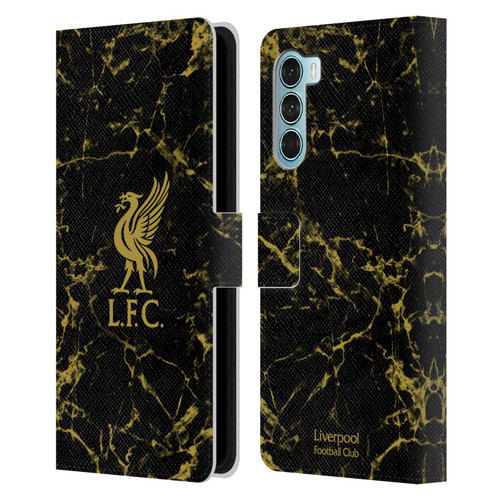 Liverpool Football Club Crest & Liverbird Patterns 1 Black & Gold Marble Leather Book Wallet Case Cover For Motorola Edge S30 / Moto G200 5G