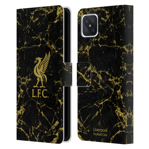 Liverpool Football Club Crest & Liverbird Patterns 1 Black & Gold Marble Leather Book Wallet Case Cover For OPPO Reno4 Z 5G