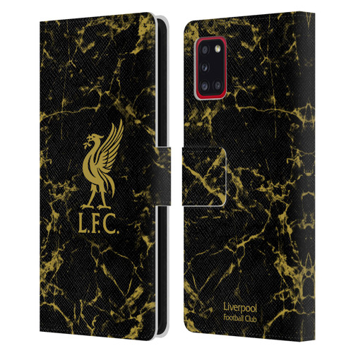 Liverpool Football Club Crest & Liverbird Patterns 1 Black & Gold Marble Leather Book Wallet Case Cover For Samsung Galaxy A31 (2020)