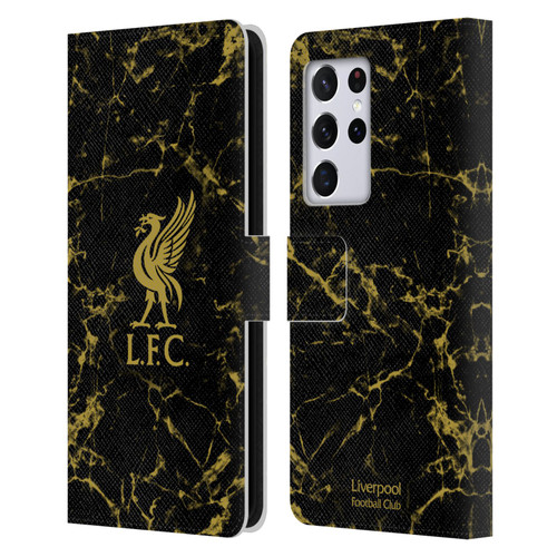 Liverpool Football Club Crest & Liverbird Patterns 1 Black & Gold Marble Leather Book Wallet Case Cover For Samsung Galaxy S21 Ultra 5G