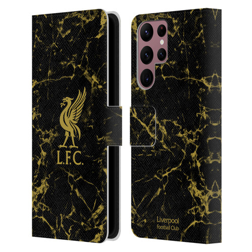 Liverpool Football Club Crest & Liverbird Patterns 1 Black & Gold Marble Leather Book Wallet Case Cover For Samsung Galaxy S22 Ultra 5G