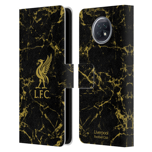 Liverpool Football Club Crest & Liverbird Patterns 1 Black & Gold Marble Leather Book Wallet Case Cover For Xiaomi Redmi Note 9T 5G