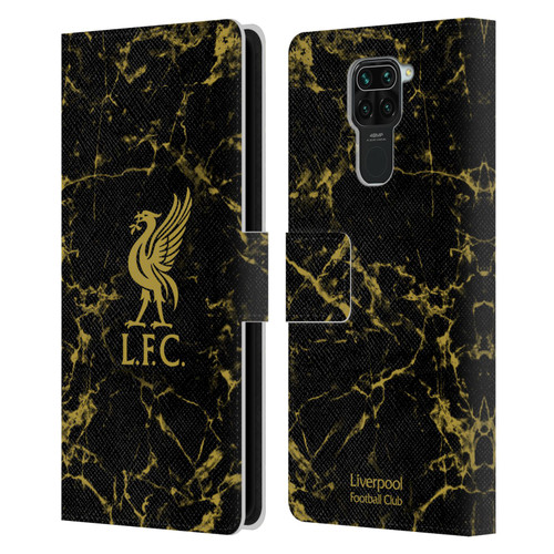 Liverpool Football Club Crest & Liverbird Patterns 1 Black & Gold Marble Leather Book Wallet Case Cover For Xiaomi Redmi Note 9 / Redmi 10X 4G