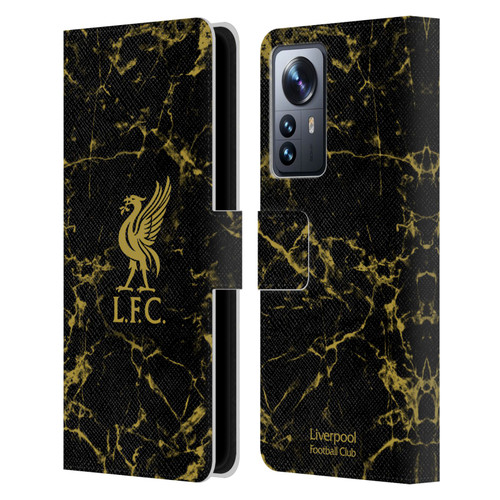 Liverpool Football Club Crest & Liverbird Patterns 1 Black & Gold Marble Leather Book Wallet Case Cover For Xiaomi 12 Pro