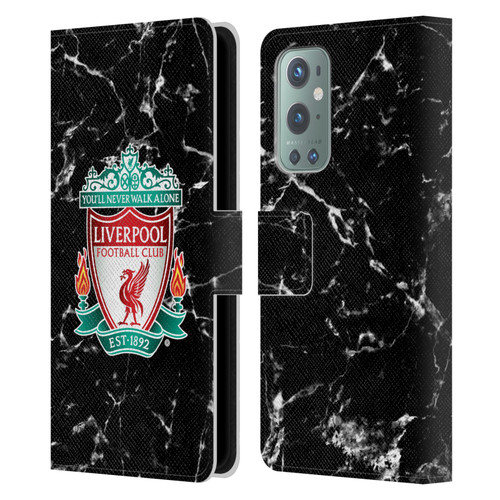 Liverpool Football Club Marble Black Crest Leather Book Wallet Case Cover For OnePlus 9