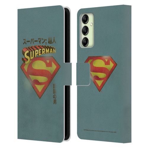 Superman DC Comics Vintage Fashion Japanese Logo Leather Book Wallet Case Cover For Samsung Galaxy A14 5G