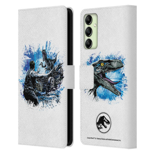 Jurassic World Fallen Kingdom Key Art Blue & Owen Distressed Look Leather Book Wallet Case Cover For Samsung Galaxy A14 5G