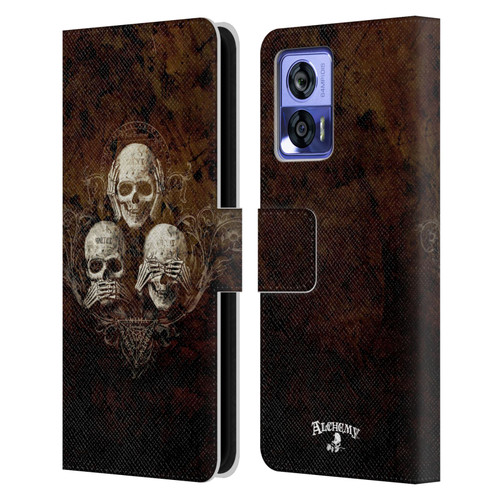 Alchemy Gothic Skull No Evil Three Skull Leather Book Wallet Case Cover For Motorola Edge 30 Neo 5G