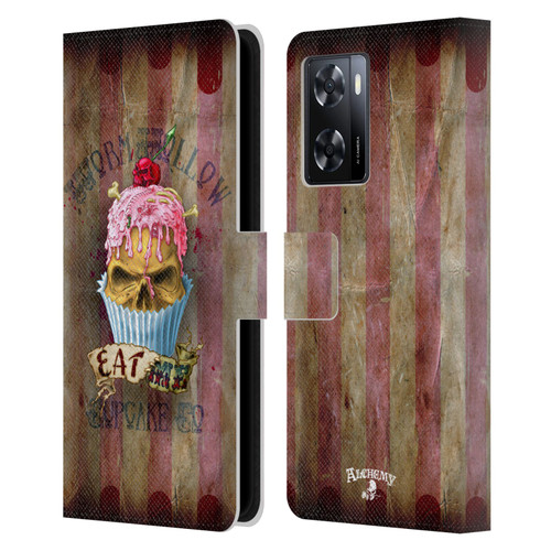 Alchemy Gothic Skull Eat Me Cupcake Leather Book Wallet Case Cover For OPPO A57s