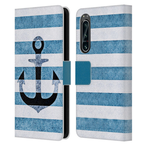 Monika Strigel Vintage Anchors Indigo Leather Book Wallet Case Cover For Sony Xperia 5 IV