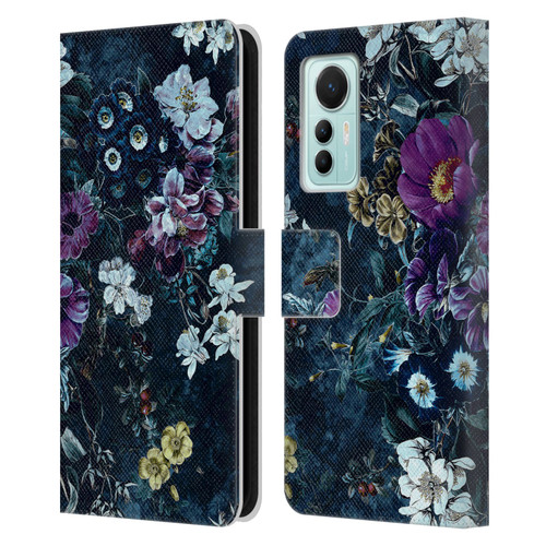 Riza Peker Night Floral Purple Flowers Leather Book Wallet Case Cover For Xiaomi 12 Lite