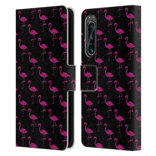 PLdesign Sparkly Flamingo Pink Pattern On Black Leather Book Wallet Case Cover For Sony Xperia 5 IV