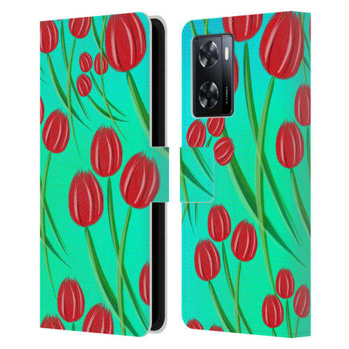 Grace Illustration Lovely Floral Red Tulips Leather Book Wallet Case Cover For OPPO A57s