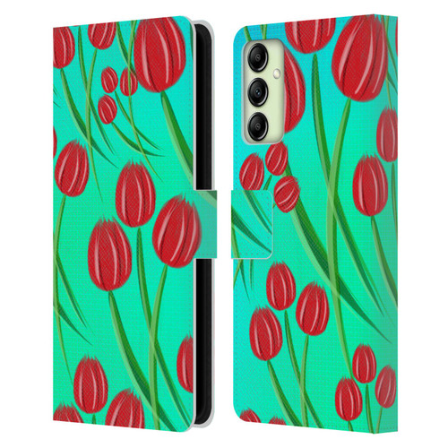 Grace Illustration Lovely Floral Red Tulips Leather Book Wallet Case Cover For Samsung Galaxy A14 5G