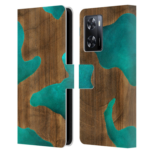 Alyn Spiller Wood & Resin Aqua Leather Book Wallet Case Cover For OPPO A57s