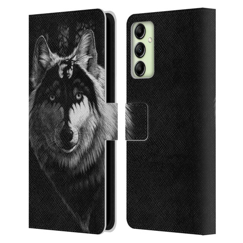 Stanley Morrison Black And White Gray Wolf With Dragon Marking Leather Book Wallet Case Cover For Samsung Galaxy A14 5G