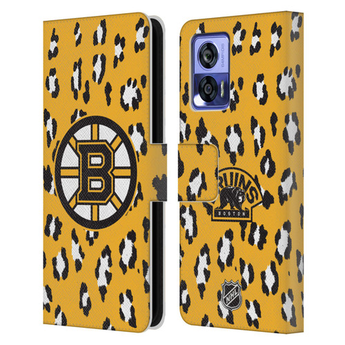 NHL Boston Bruins Leopard Patten Leather Book Wallet Case Cover For Motorola Edge 30 Neo 5G