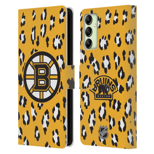 NHL Boston Bruins Leopard Patten Leather Book Wallet Case Cover For Samsung Galaxy A14 5G