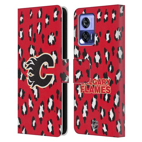 NHL Calgary Flames Leopard Patten Leather Book Wallet Case Cover For Motorola Edge 30 Neo 5G