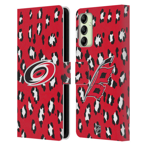 NHL Carolina Hurricanes Leopard Patten Leather Book Wallet Case Cover For Samsung Galaxy A14 5G