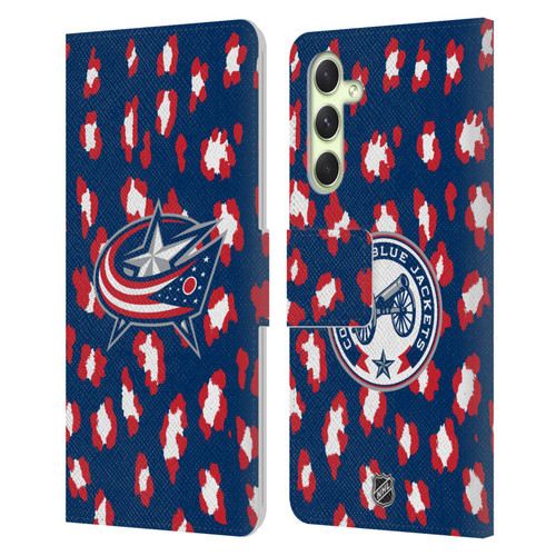 NHL Columbus Blue Jackets Leopard Patten Leather Book Wallet Case Cover For Samsung Galaxy A54 5G