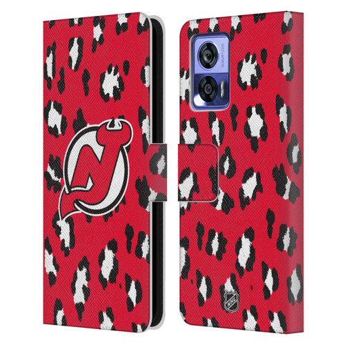 NHL New Jersey Devils Leopard Patten Leather Book Wallet Case Cover For Motorola Edge 30 Neo 5G