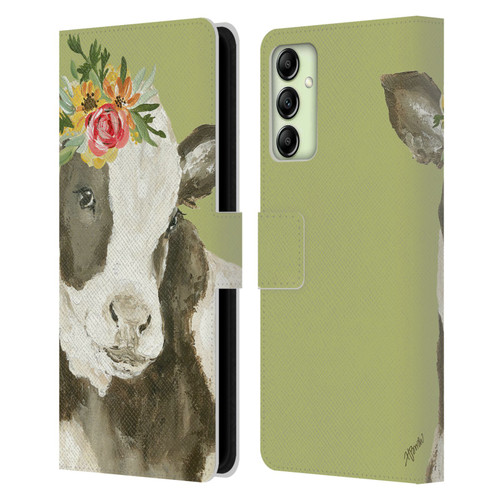 Haley Bush Floral Painting Holstein Cow Leather Book Wallet Case Cover For Samsung Galaxy A14 5G