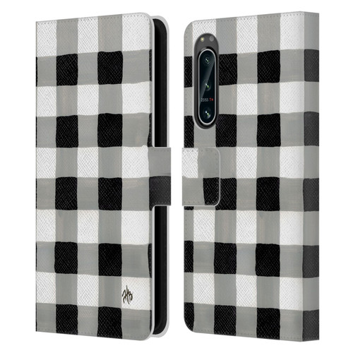 Haley Bush Pattern Painting Buffalo Check Black Leather Book Wallet Case Cover For Sony Xperia 5 IV