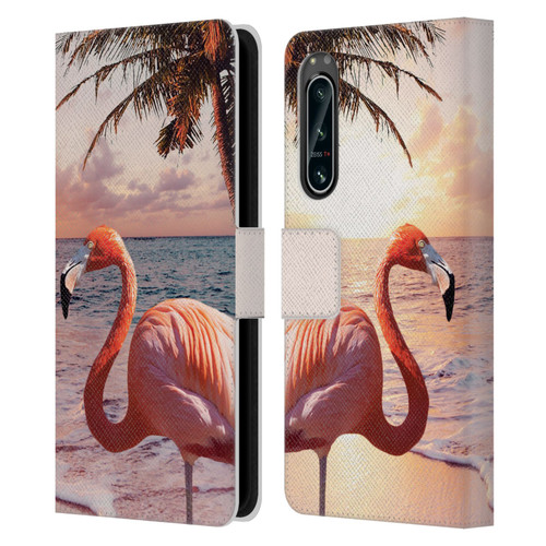 Random Galaxy Mixed Designs Flamingos & Palm Trees Leather Book Wallet Case Cover For Sony Xperia 5 IV