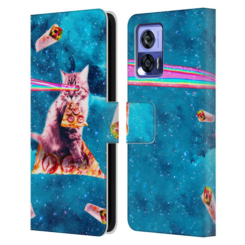 Random Galaxy Space Cat Lazer Eye & Pizza Leather Book Wallet Case Cover For Motorola Edge 30 Neo 5G
